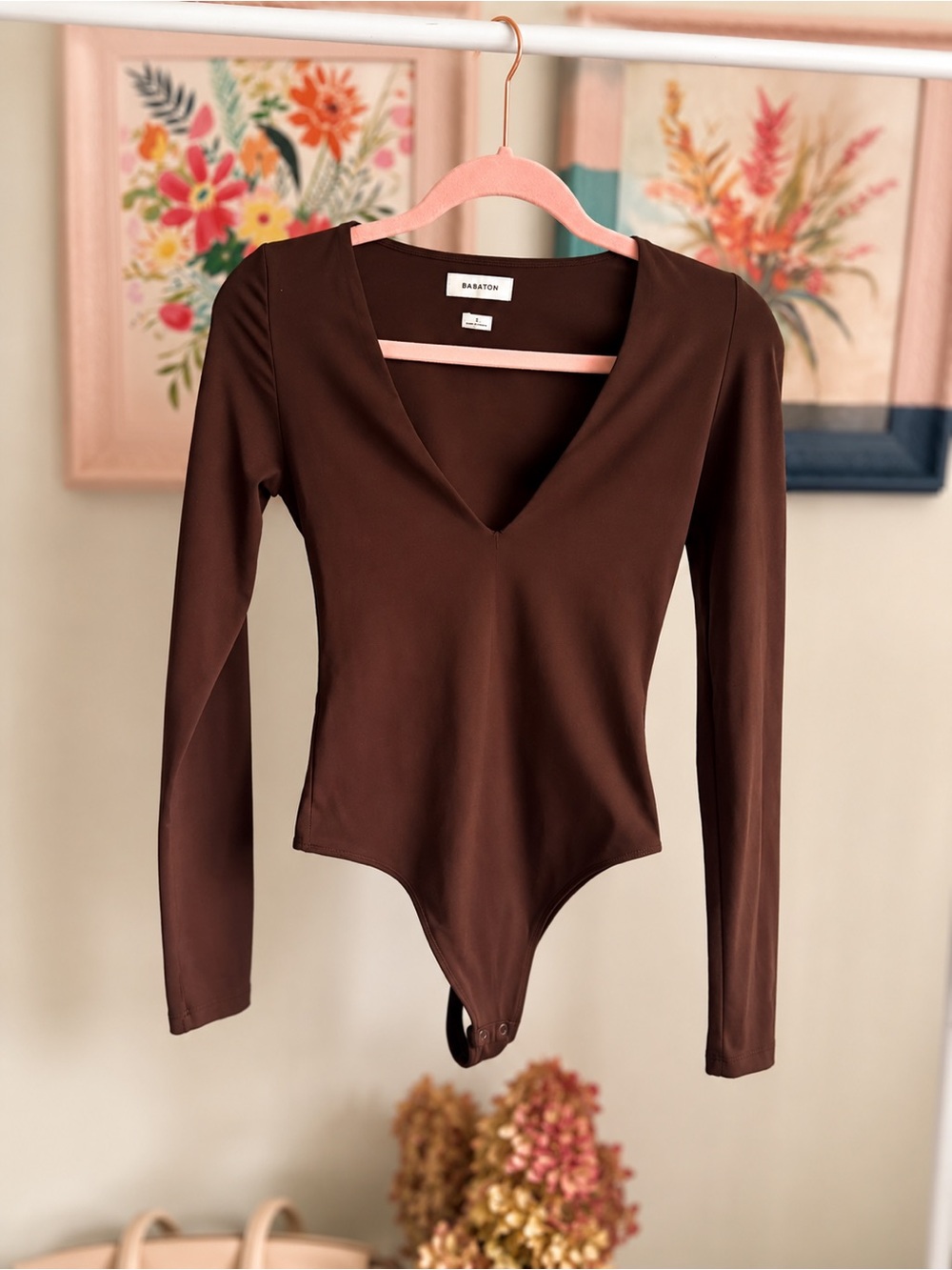 Babaton V-Neck Long Sleeve Bodysuit in Chocolate